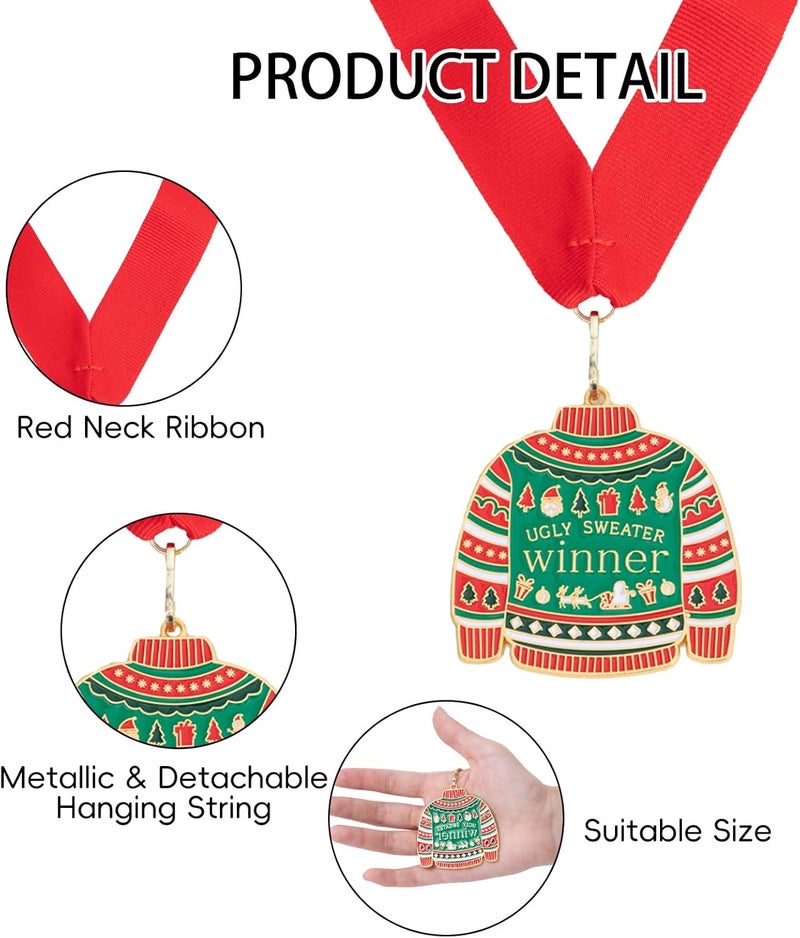 Jocomoni 3PCS Christmas Ugly Sweater Medal Award Contest Medals with Neck Ribbon Christmas Tree Ornament Contest Prizes for Ugly Sweater Contest Party Xmas Party Supplies - Image 3